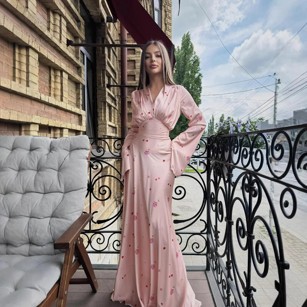 2025 Autumn Elegant Printed Satin Long Dress